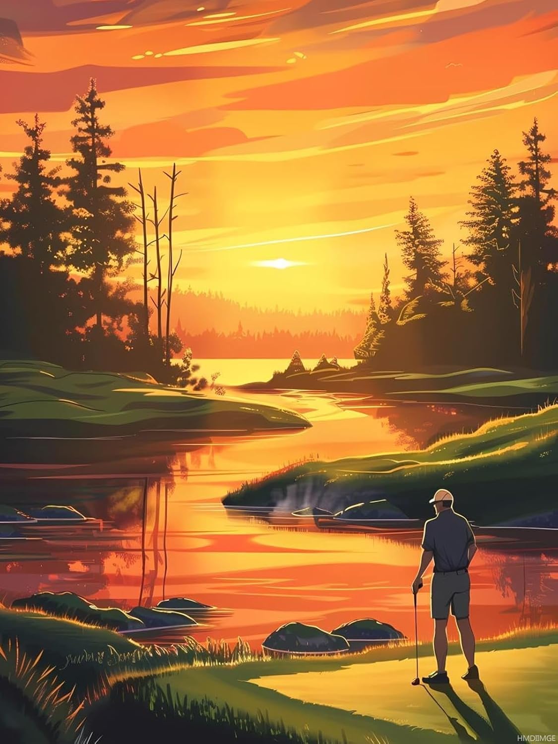 HMDIIMGE Golfer in The Sunset 5D DIY Full Drill Round Art Diamond Art Perfect for Home Wall Deco Golf Diamond Painting Kits for Adults 12x16 inch