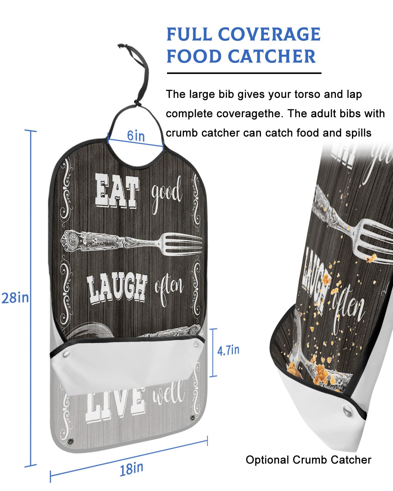 Vintage Fork and Spoon Adult Bibs for Eating, Waterproof Bibs with Food Catcher & Adjustable Snap Closure, Motto Eat Good Laugh Often Live Well Black Wood Clothing Protectors Adult Bibs for Elderly
