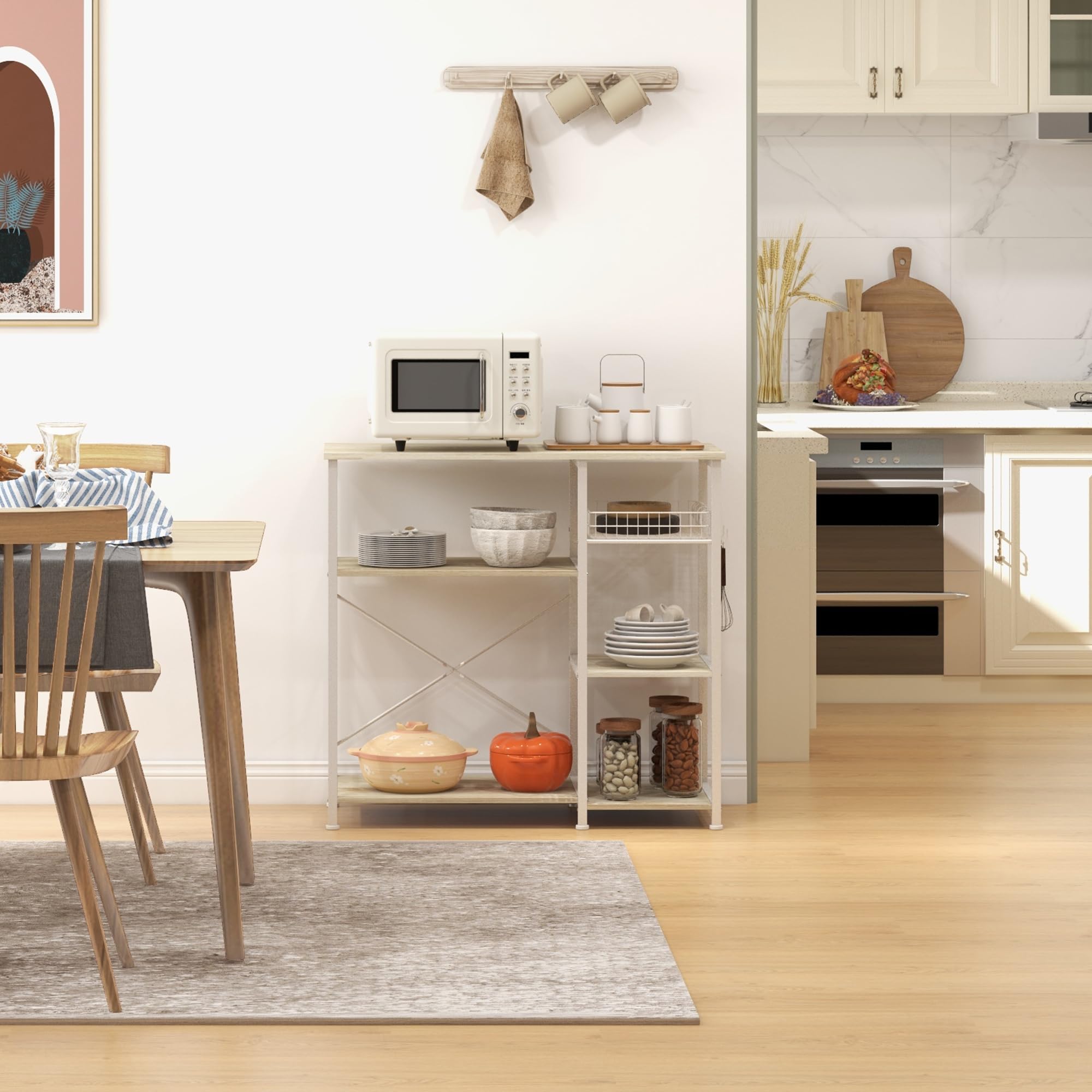 HOMCOM Estantería de Cocina Moderna Estante de Cocina con 1 Cesta 4 Ganchos en S 6 Almohadillas de Pie Ajustables y Estantes 90x40x84,5 cm Roble y Blanco
