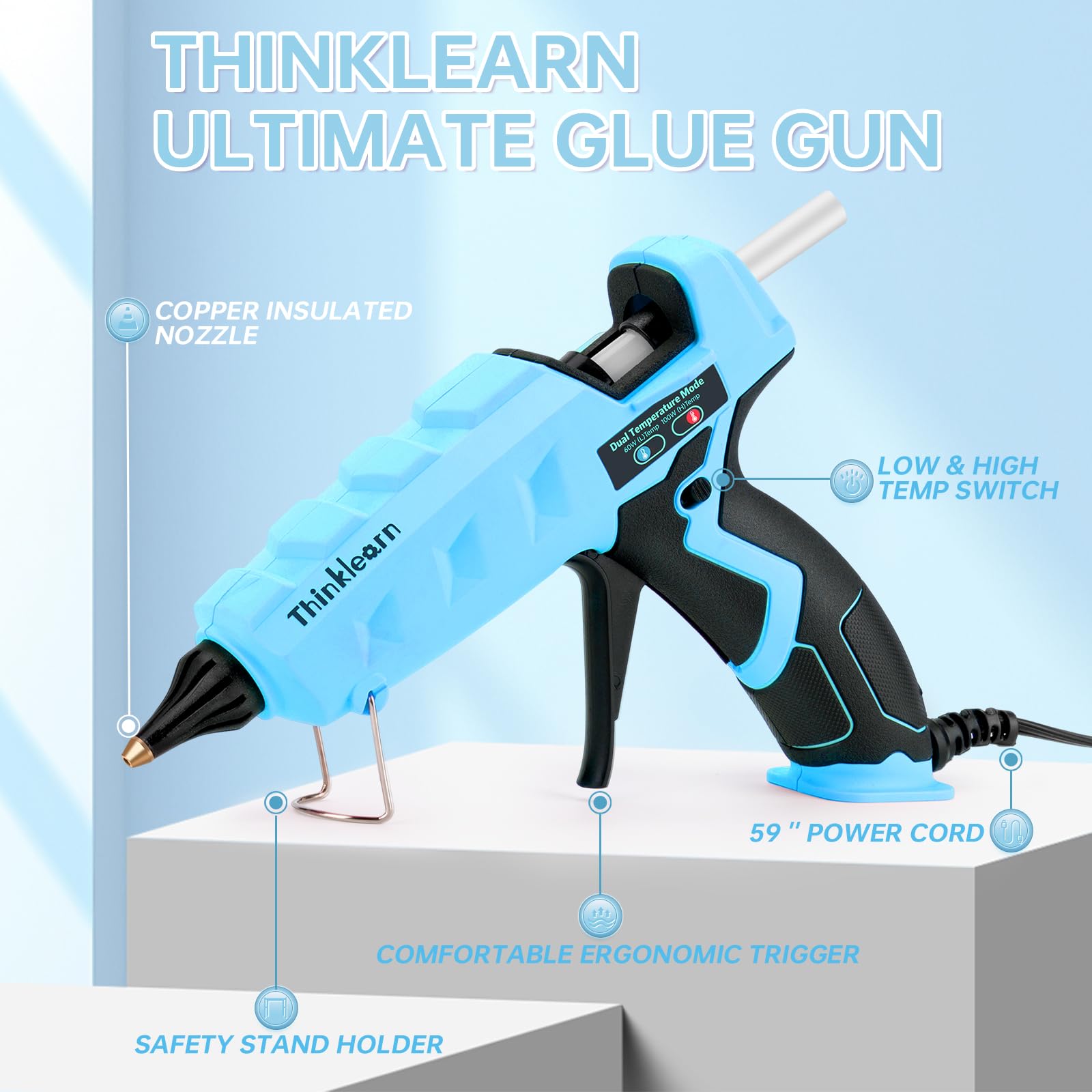 ThinkLearn Kit pistola per colla a caldo a doppia potenza da 60/100 W con 15 bastoncini di colla (7/16"), pistola per colla grande resistente per artigianato, fai da te, riparazioni domestiche, blu