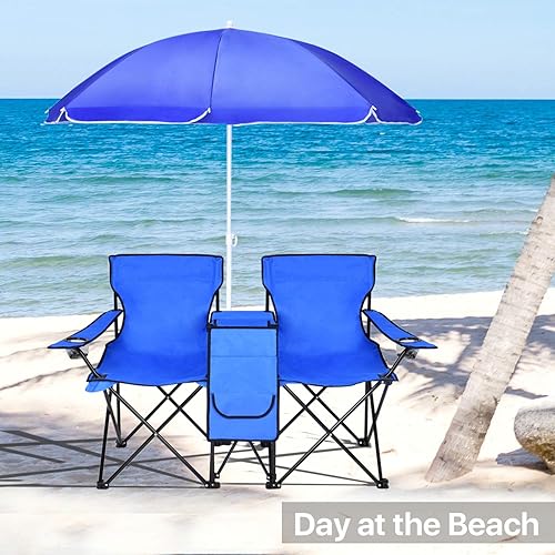 Miniatura 7 de Flexzion Silla de playa plegable doble con paraguas enfriador de mesa y bolsa, silla plegable compacta portátil, silla de campamento para 2 personas