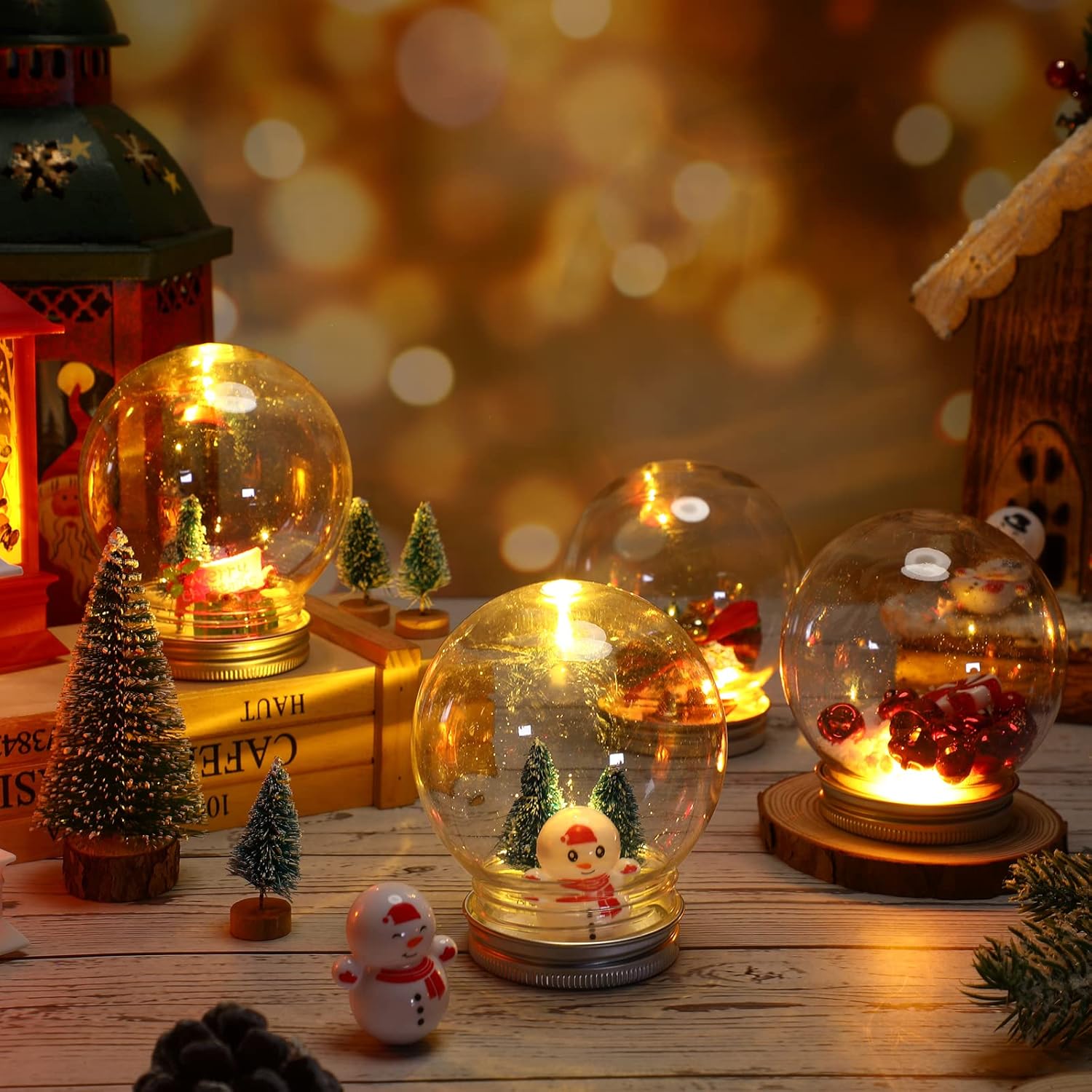 Jerify 32 Pcs Christmas Clear Kit 3.6 Inch Plastic Snow Globe with Screw Off Cap Artificial Christmas Trees Mini Snowman Snowflakes for DIY Crafts Table Home Xmas Snow Globes