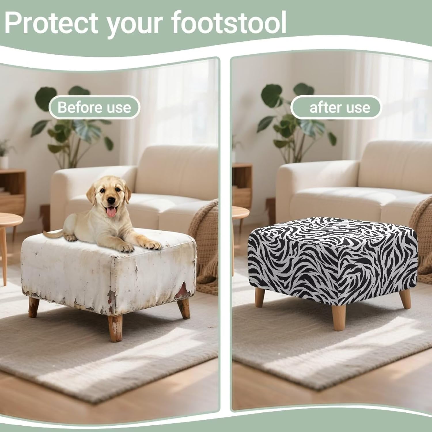 Ottoman Cover Square, Zebra Print Stretch Storage Ottoman Slipcover Waterproof Folding Footrest Stool Slipcover Footstool Protector Cover with Elastic Bottom