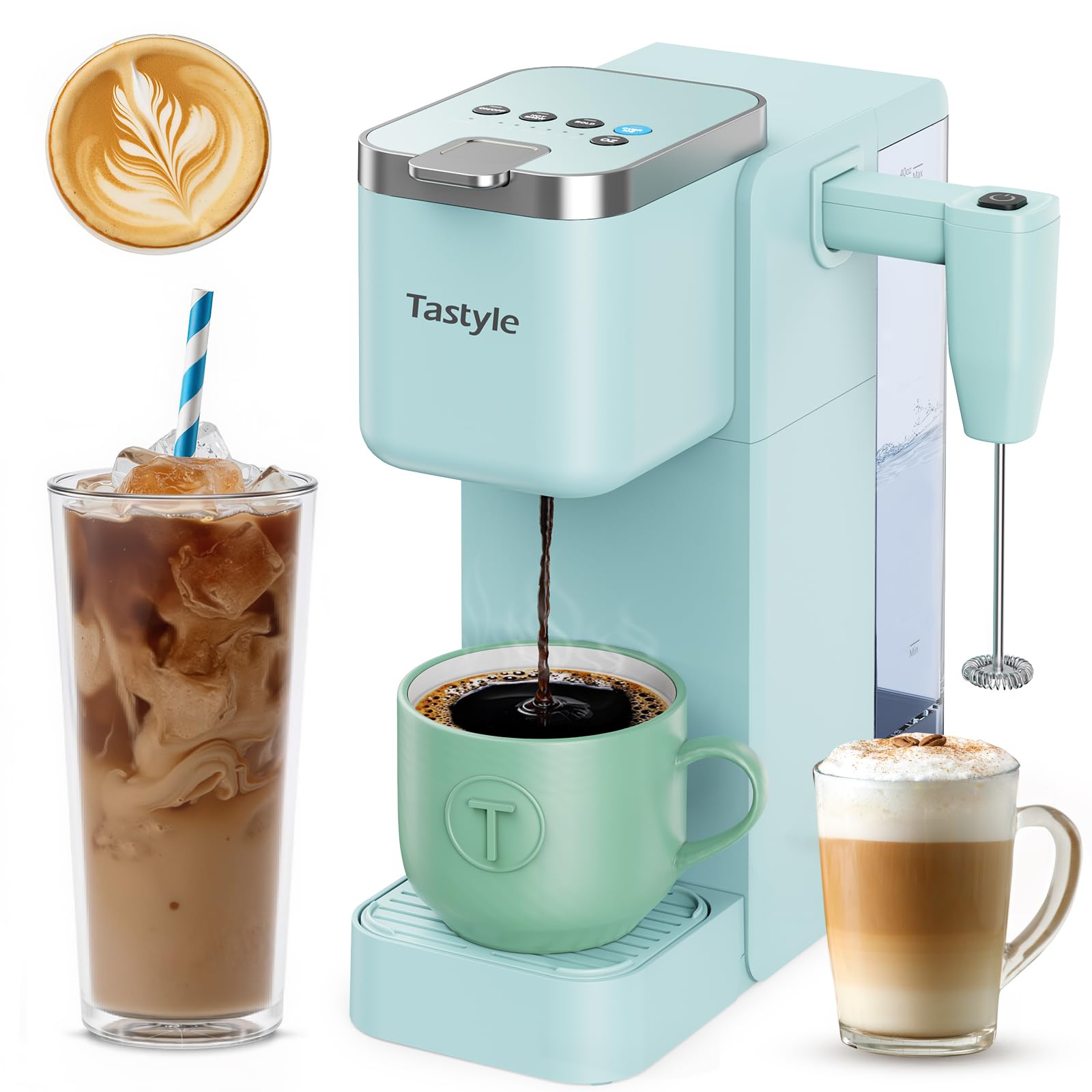 Photo 1 of **NEEDS CLEANING**Tastyle 330MF Single Serve Coffee Maker with Built-in Detachable Milk Frother, Iced and Hot Coffee Machine for K Cup & Grounds, 40oz Removable Water Reservoir, 6 Cup Sizes, Fits 7.3" Travel Mug, Teal