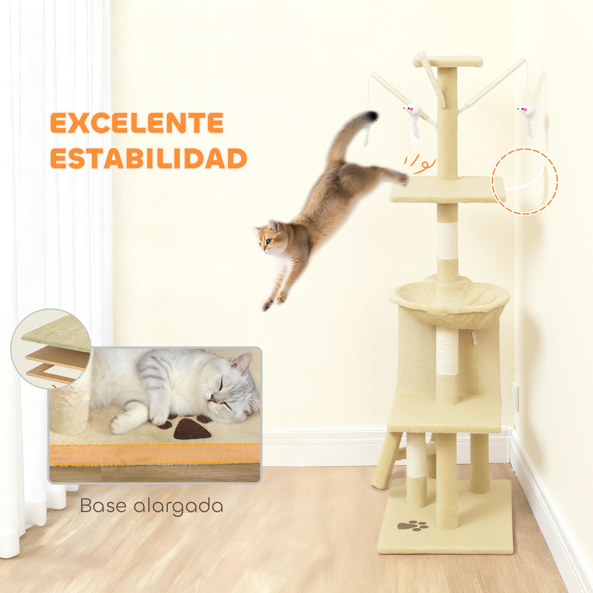 PawHut Árbol Rascador para Gatos Grande, Torre de Escalada, 134 cm, Beige | Árbol para Gatos, 6 Postes de Sisal, 3 Plataformas, 1 Cueva, 1 Hamaca, 1 Escalera, 4 Juguetes Colgantes
