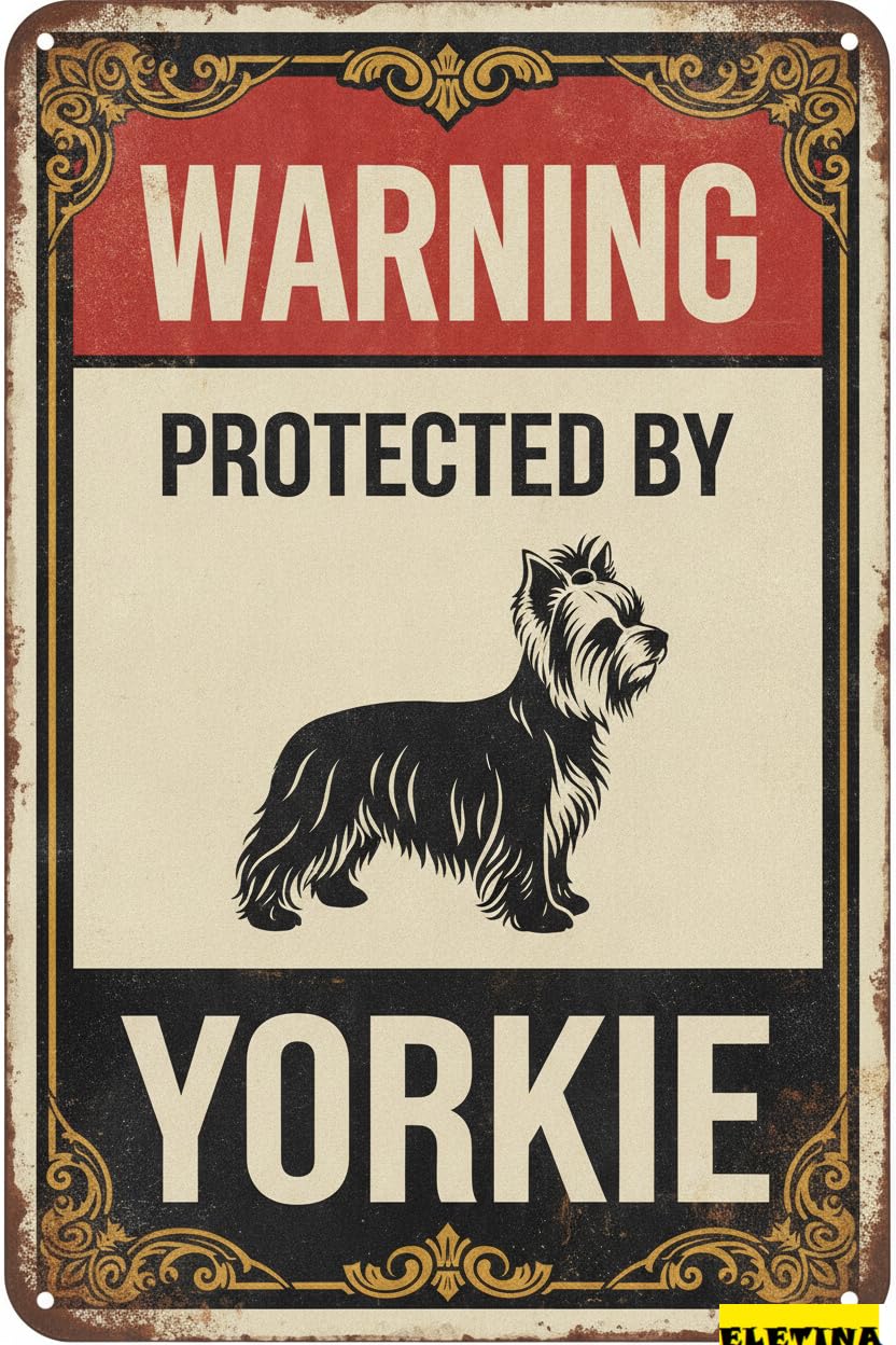 Tin Sign for Man Cave Beware Of Dog Fence Warning Protected By Yorkie Aluminum Metal Tin S Outdoor Yard Warning Yard Home Kitchen Farm Garden Wall Decor 8x12 Inch Private Property Decorative