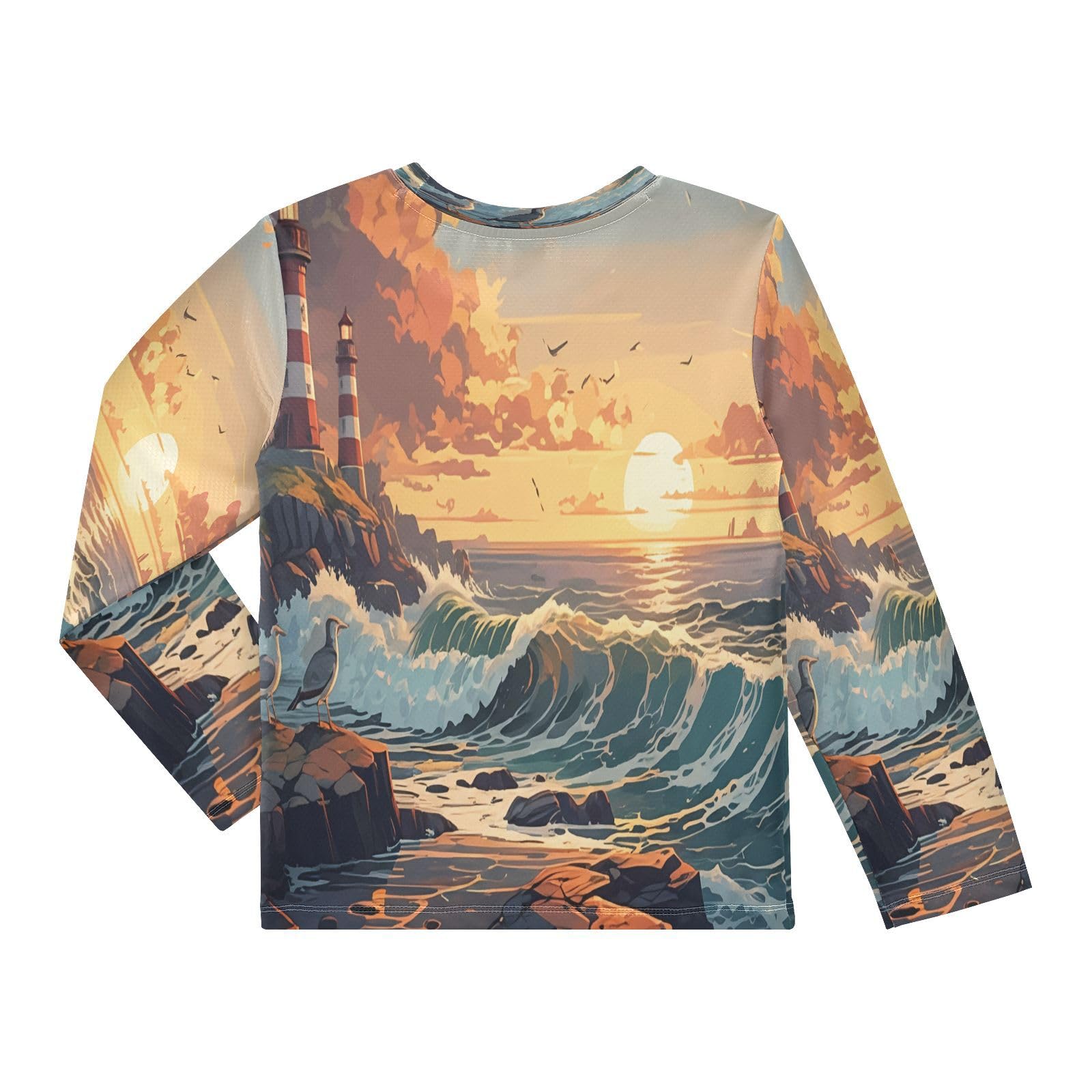 Lighthouse Ocean Wave Golden Boy's Rash Guard Swim Shirt Long Sleeve Sun Shirt for Kids Toddler UPF50+ 4T