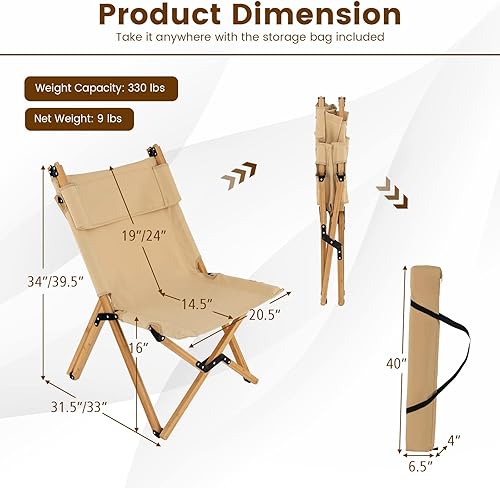 Miniatura 3 de Tangkula Silla de camping plegable respaldo alto silla de campamento portátil de bambú con respaldo ajustable de 2 niveles silla de césped de lona
