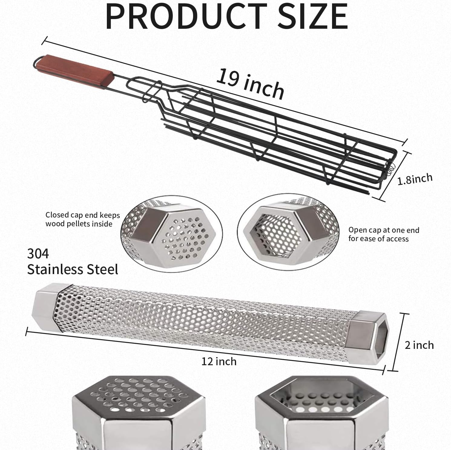 12" Smoke Tube for Pellet Grill 5 Hours - Stainless Steel Smoker Tube with 2pcs 19" Kabob Grilling Baskets for Outdoor,Universal Grill Accessories for BBQ,Charcoal, Electric Smokers