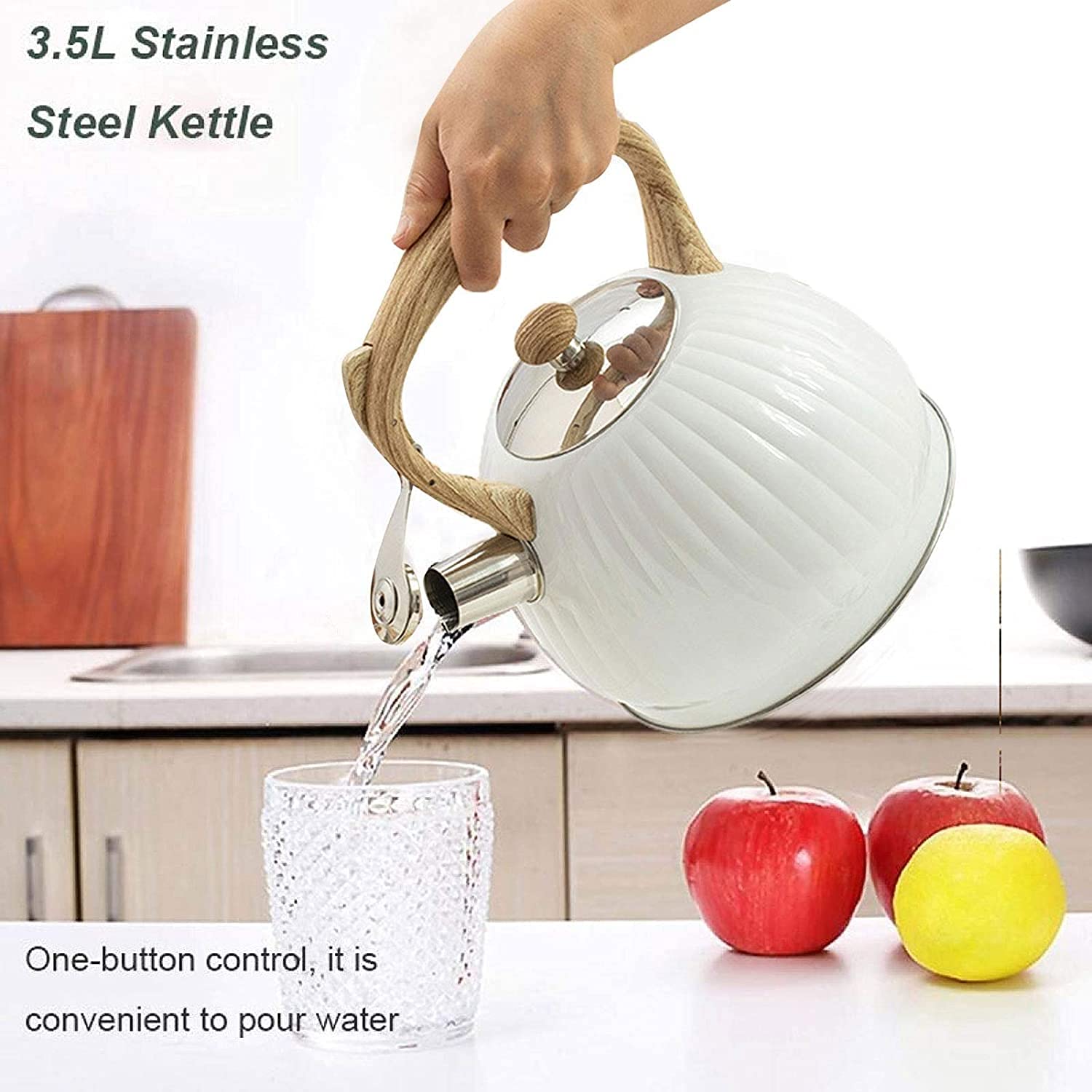 Bouilloire Sifflante Inox 2,5 L - Blanc Avec Poignée Bois - Pour Plaques Gaz, électriques, Induction - Bec Sifflant - 7