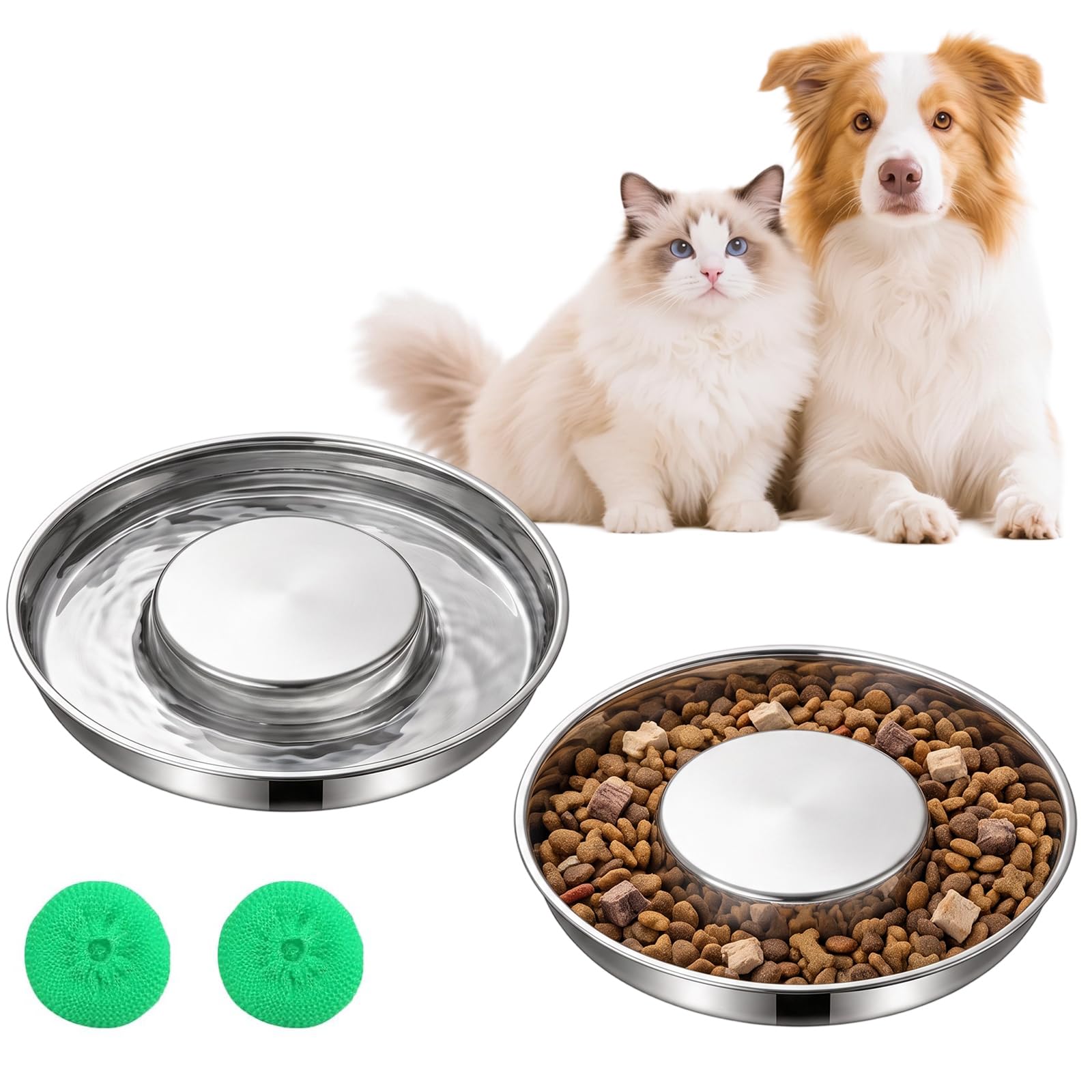 2 Pack Stainless Steel Slow Feeder Dog Bowls, 26cm Puppy Weaning Bowls with Raised Centre, Heavy Duty Pet Slow Feeding Dishes Food Bowls, Silver Slow Feed Bowl for Small Medium Large Dogs, Cat, Pets