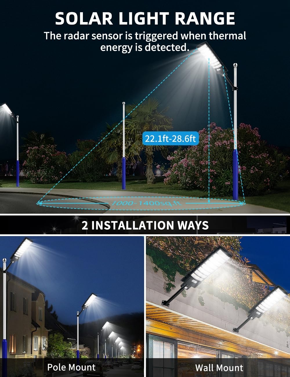 Sararoom Lampione Solare Led Esterno, 720Led 800W Faro LED da Esterno con Pannello Solari, IP65 Impermeabile Faretto con Sensore di Movimento, 6500K Luci di Sicurezza per Giardino Sentieri Garage,4Pcs