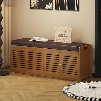 Entryway Shoe Bench, Shoe Storage Bench with Padded Seat Cushion, Shoes Cabinet Storage Bench with Doors, 2 Tier Shoes Rack for Living Room Bedroom, 117cm
