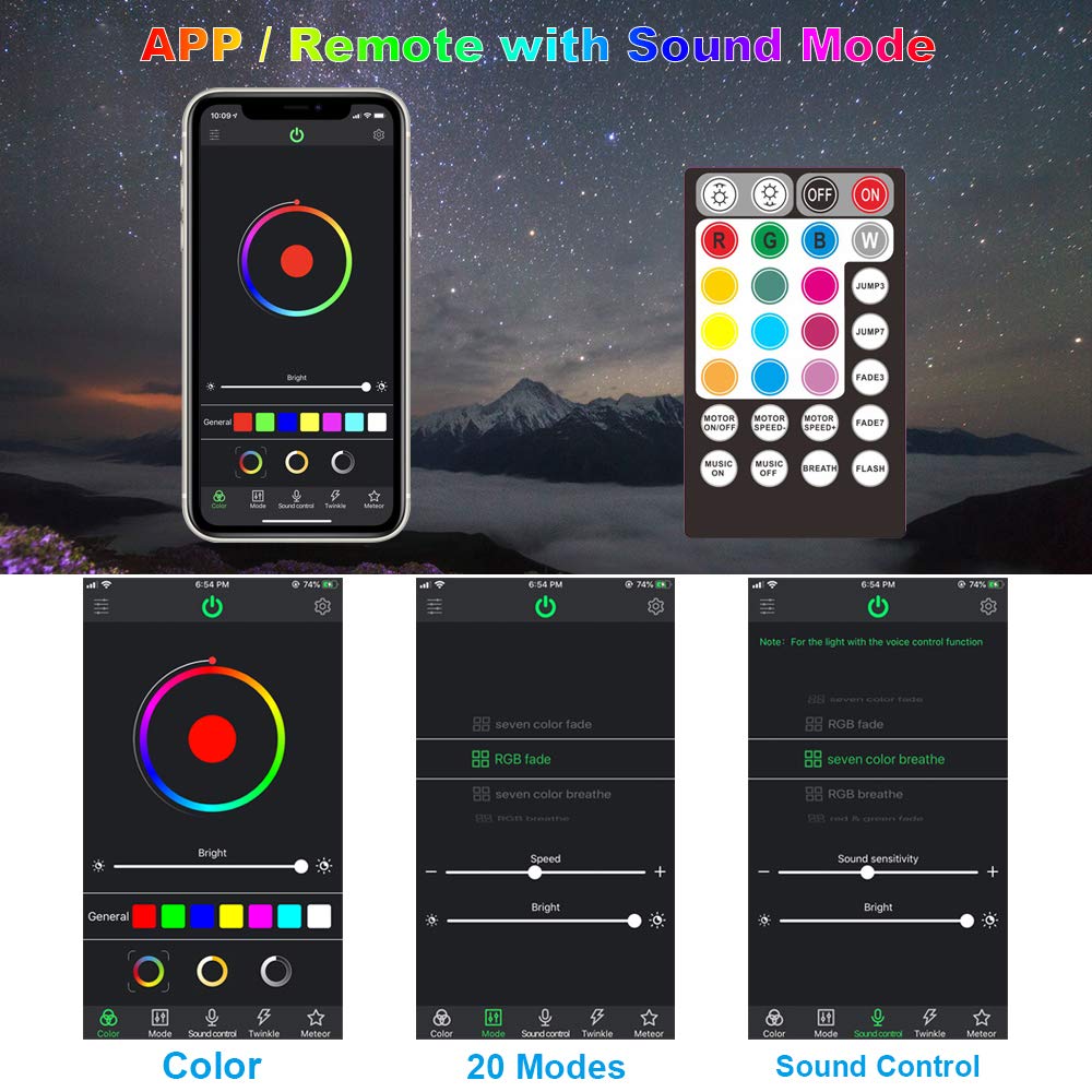 CHINLY Cielo stellato Fibra ottica per auto/plafoniera, 16W Scintillio 408 pezzi di (0,75mm+1,0mm+1,5mm) Bluetooth APP LED Fibra ottica Kit plafoniera stella a distanza Luce stellare