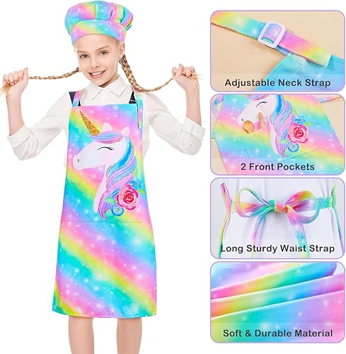 Miniatura 2 de MHJY Juego de delantal y sombrero de chef para niños, delantales para cocinar, hornear, pintar, lindo delantal con bolsillos para niñas de 3 a 12