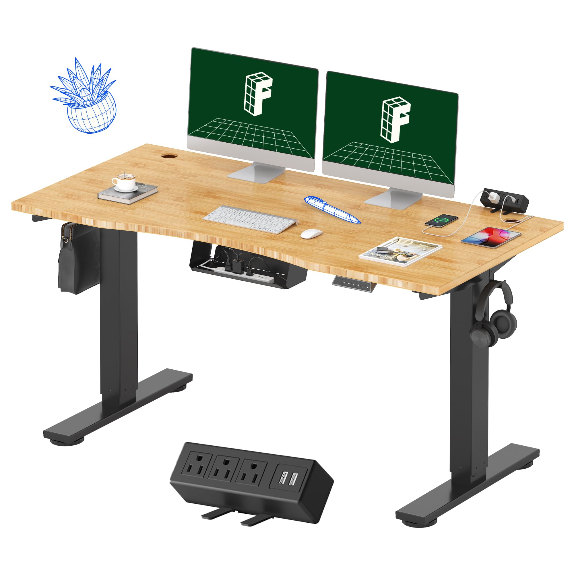 FLEXISPOT EN2 Bamboo Standing Desk with Clamp Power Strip, 55 x 28 Electric Stand Up Height Adjustable Desk with Cable Management (Black Frame + 55"