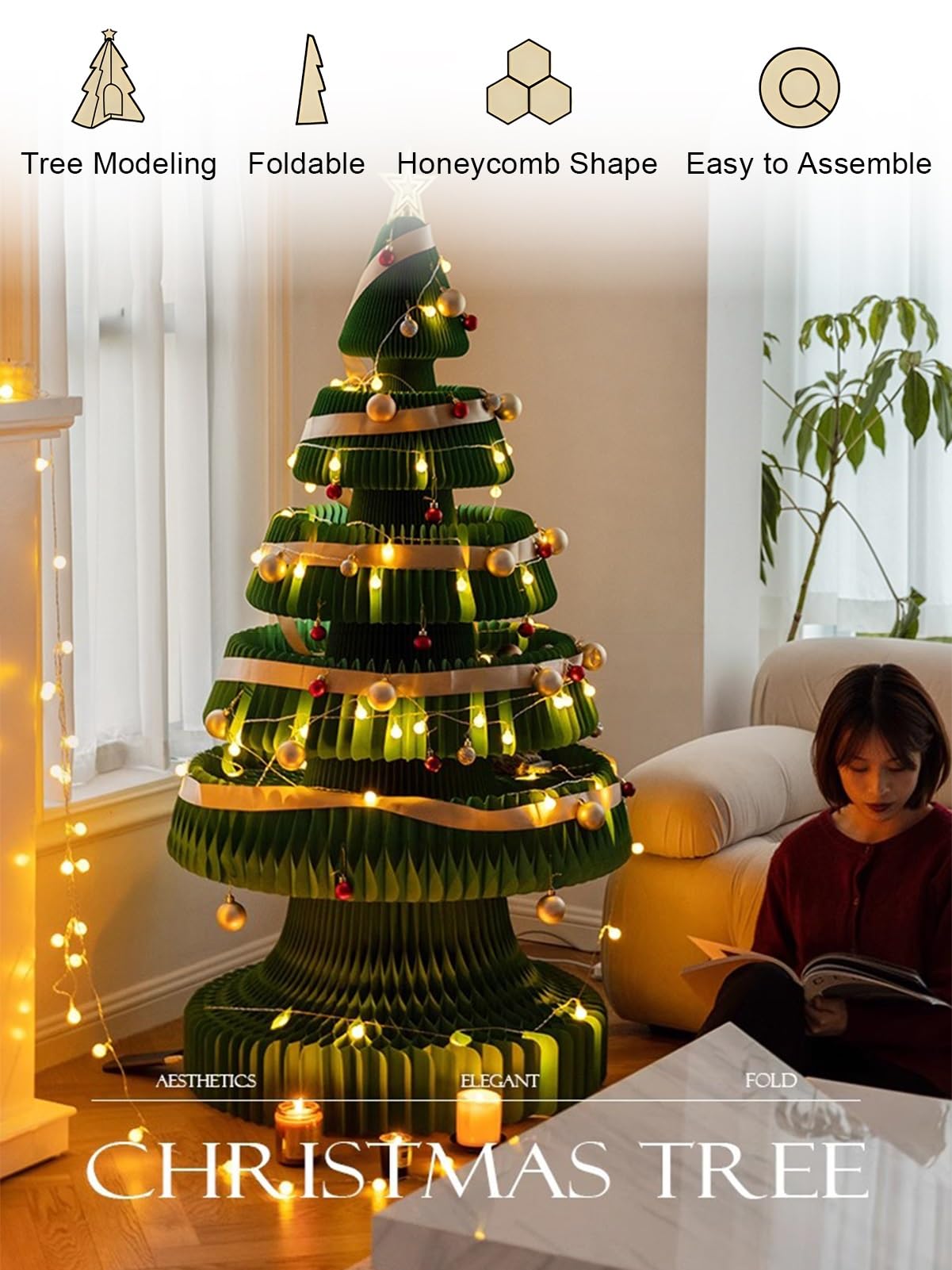 Faltbarer Weihnachtsbaum mit Zubehör, Faltbarer Papier-Weihnachtsbaum für Partys, Waben-Weihnachtsbaum für Zuhause(30.3x78.7in)
