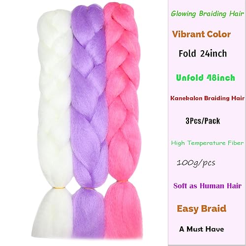 Miniatura 3 de Extensiones de cabello trenzado de color jumbo Kanekalon que brillan en la oscuridad, paquete de 3 extensiones de cabello sintético para trenzar