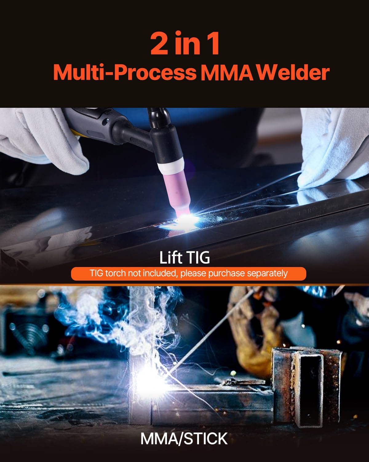 VEVOR Spawarka TIG 205 A z dużym wyświetlaczem LED TIG/MMA (Stick), spawarka elektryczna z podwójnym napięciem 110 i 220 V, z falownikiem IGBT, rozrusznikiem na gorąco, siła łuku