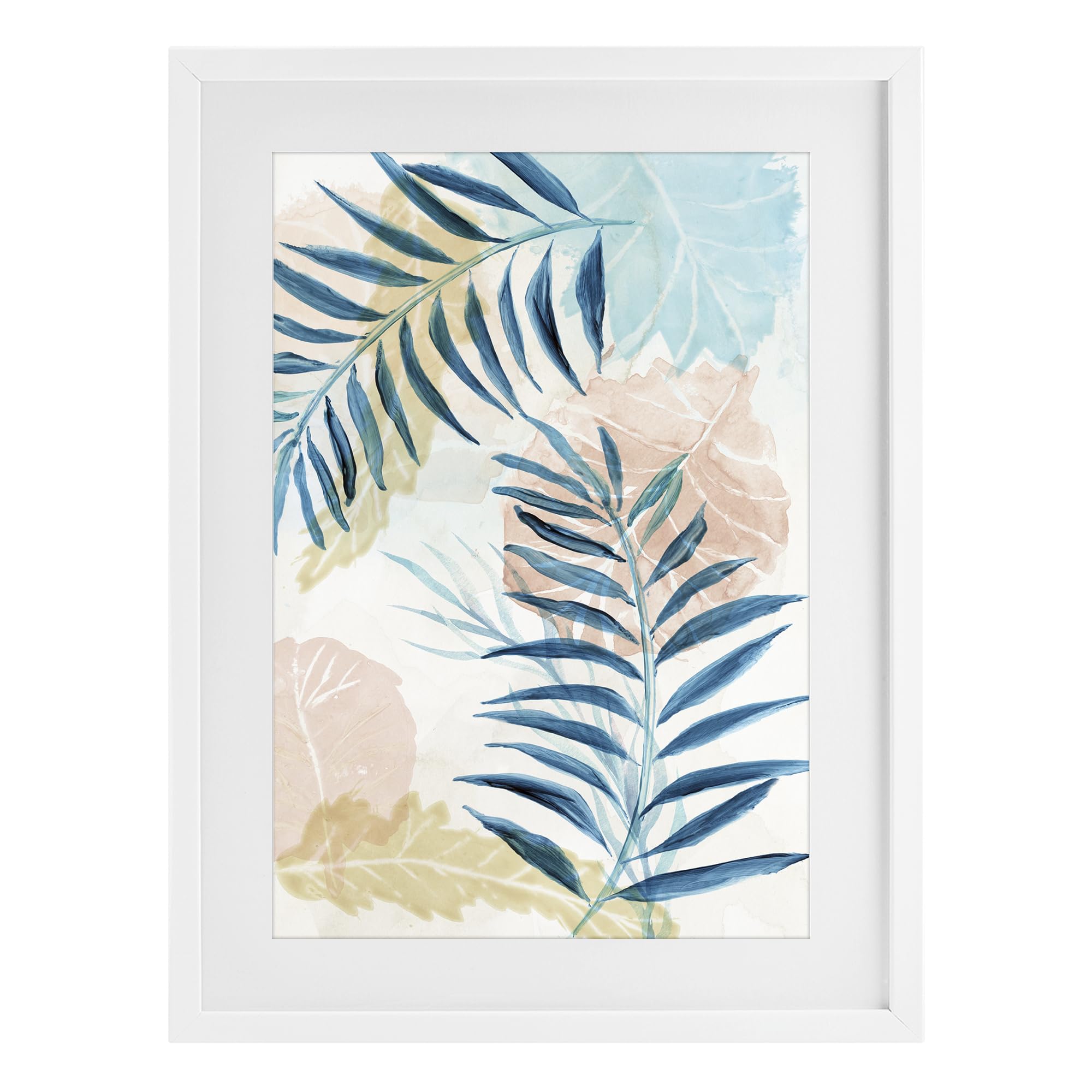 Stupell Industries Pastel Blue Palm Fronds_v1 'Blue Palm Fronds In Pastel Haze', Framed Print Under Glass, White, 17 X 23 Inches, Easy To Hang And Sturdy, Made In Usa, By Nan