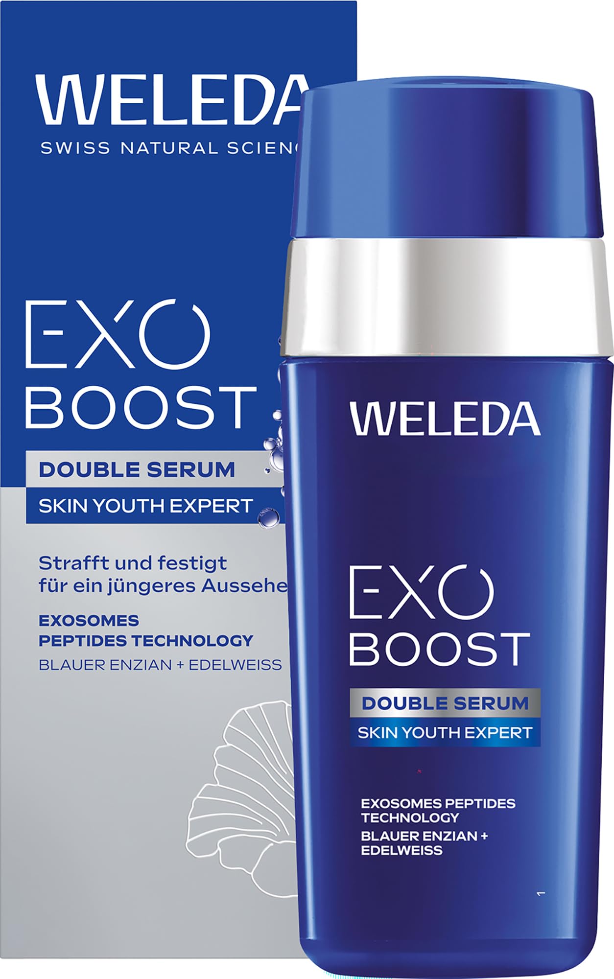 WELEDA Bio EXO BOOST Double Serum Blauer Enzian & Edelweiß – Naturkosmetik Gesichtsserum mit COLLAGEN+ ACTIVE COMPLEX & Lifting Effekt für sichtbar gestraffte Haut & definierte Konturen (vegan, 30ml)