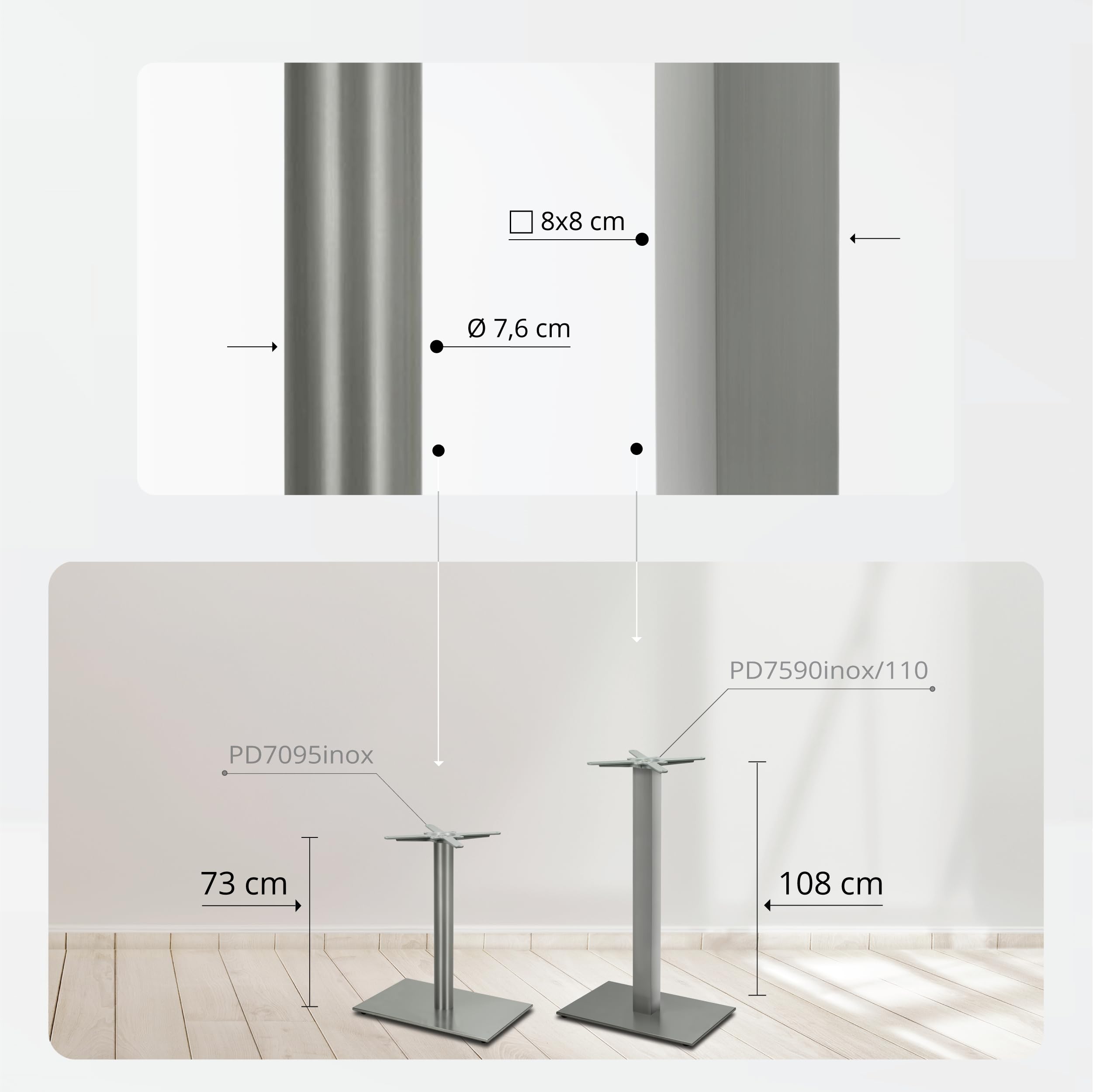 Premium Tischgestell Edelstahl- PD7095inox | matt satiniert | Höhe 73 cm | Bodenplatte Ø45 cm | max. Tischplattengröße 120x80 cm | Ideal für Esstische