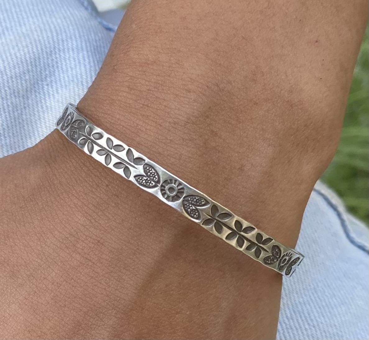 Sterling Silver Handmade Thick Solid Boho Hippie Cuff Bracelet with Butterflies and Flowers pattern, 6 3/4 inches long, Gift