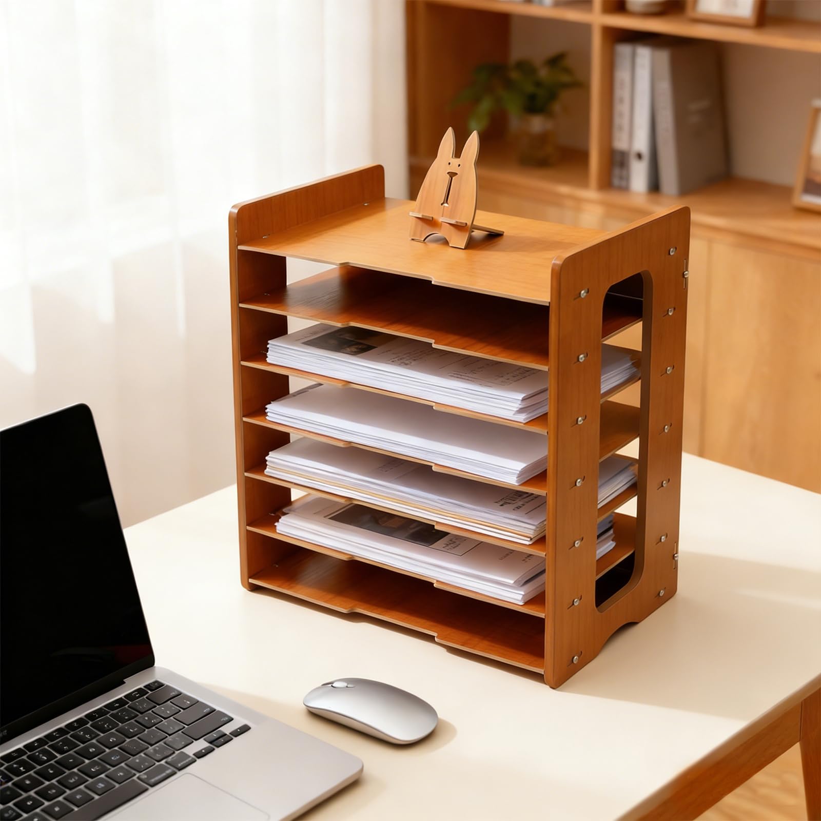Organizador de escritorio de 7 niveles de madera, altura ajustable entre capas, gran capacidad, papelera de correo, A4, papel horizontal para colocar documentos, libros