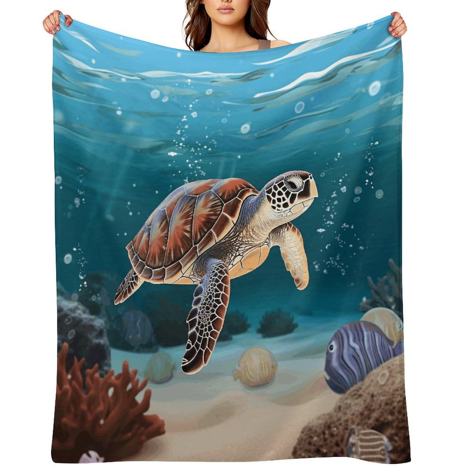 Flannel Fleece Throw Blanket - 30"x40" Super Soft Plush,Lightweight Wrinkle Resistant Cozy Sea Turtle Swimming Blanket for Couch Sofa Bed Travel Camping and Gift