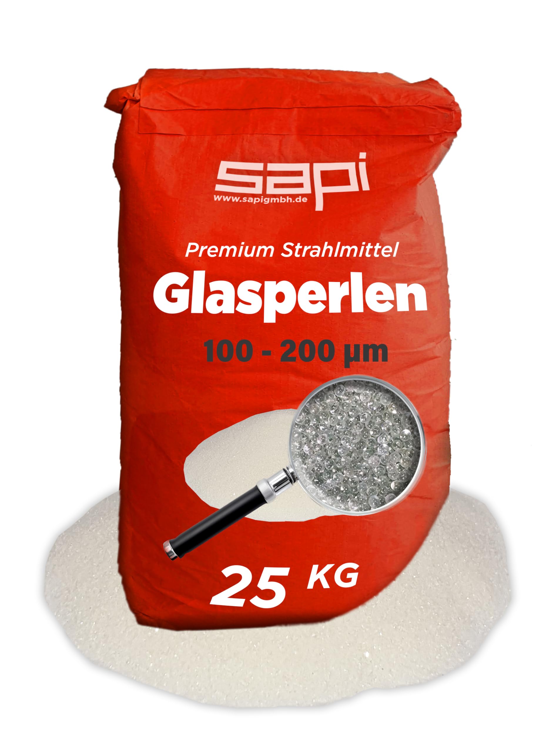25 kg, SAPI Glasperlen Strahlmittel, 100-200 µm (0,10-0,20 mm) Körnung, Papiersack, Premium Strahlmittel zur Oberflächenbehandlung