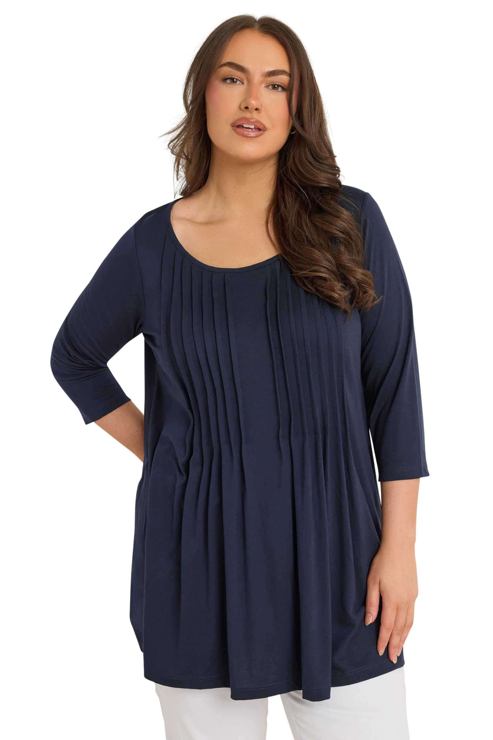 Evans Women's Navy Curve Blue Pintuck Modal Rich Top - Plus Size Curve