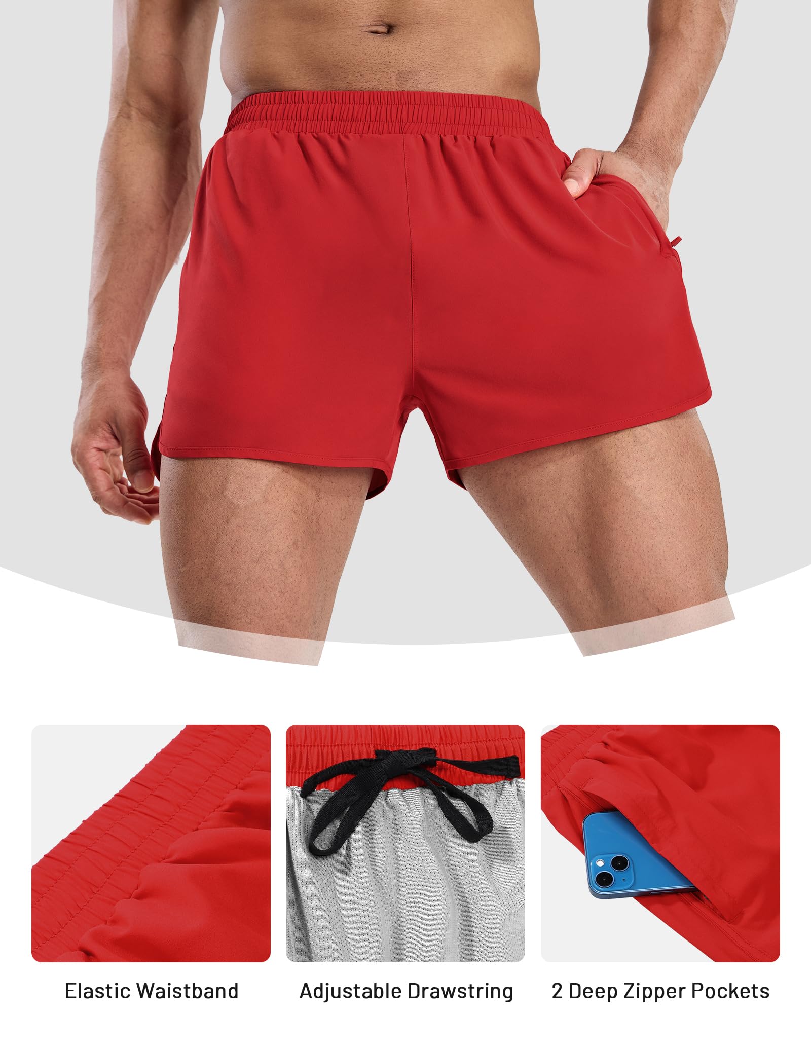 MIER Pantalones cortos deportivos para correr para hombre con forro interior de 7,6 cm, de secado rápido, con bolsillos con cremallera para gimnasio y entrenamiento