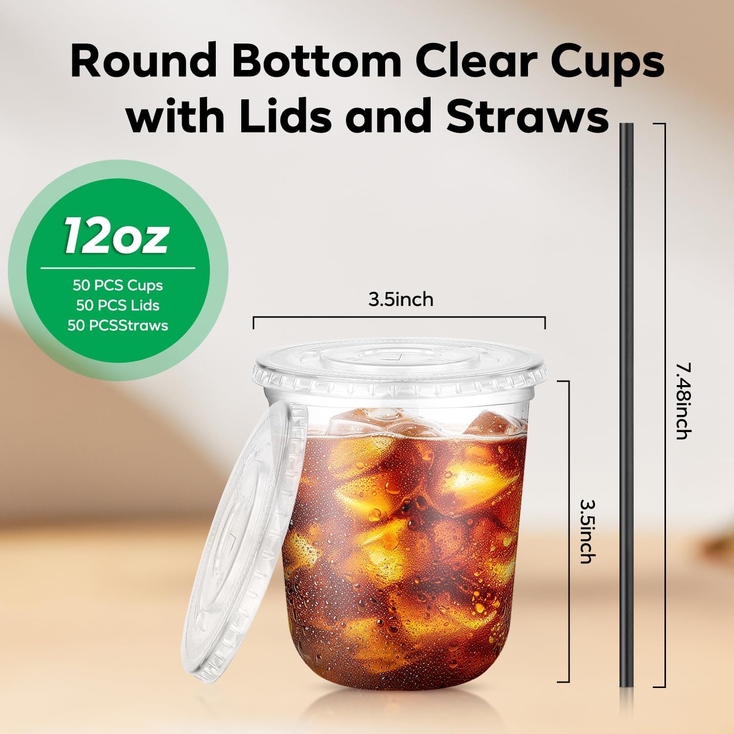 50PCS 12 oz Round Bottom Plastic Cups with Lids and Black Straws, Clear To Go Iced Coffee Smoothie Juice Cups, Disposable Cold Drink Bubble Tea Party Cups for Catering, Christmas, Birthdays, Takeout - Image 3