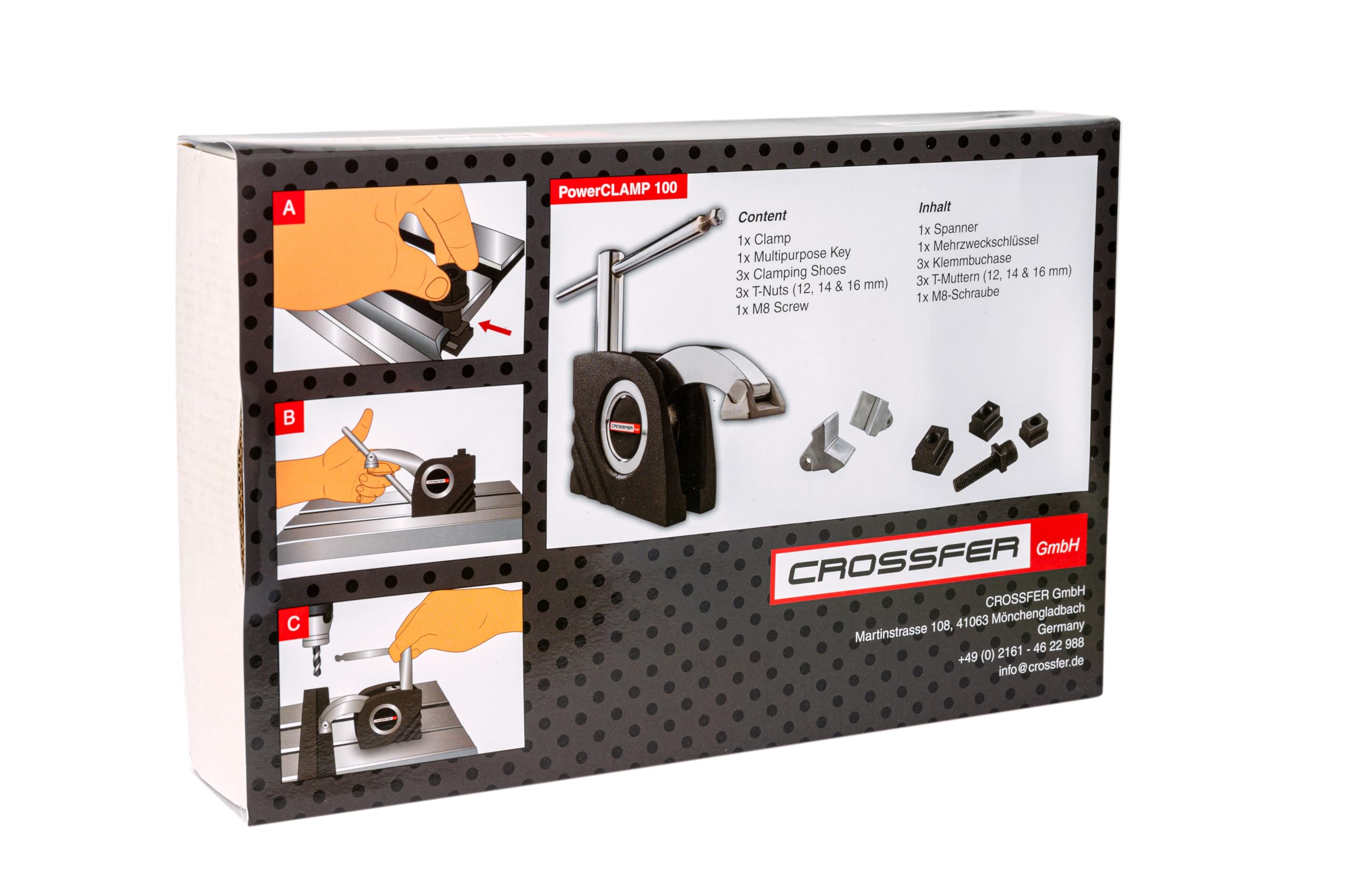 Maschinentischspanner PowerCLAMP 100 | Kompaktspanner | Spannelement | Schnellspanner | Inklusive Klemmschuhen, Schlüssel und T-Nutenstein | CROSSFER®