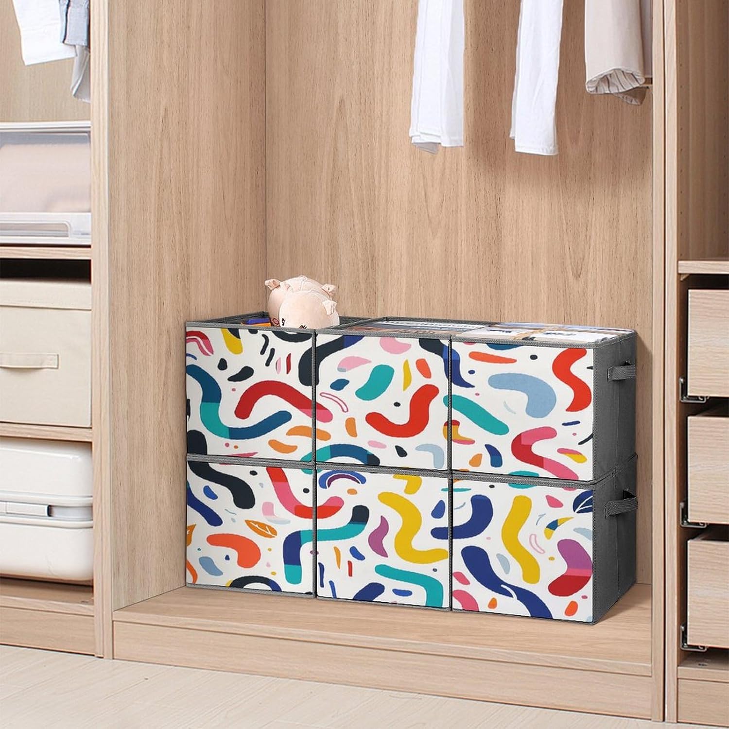 Multi Use Organizer Bins, Curves And Shapes Printed Storage Bins, Foldable Storage Baskets Are Suitable For Bedrooms, Offices, And Cars