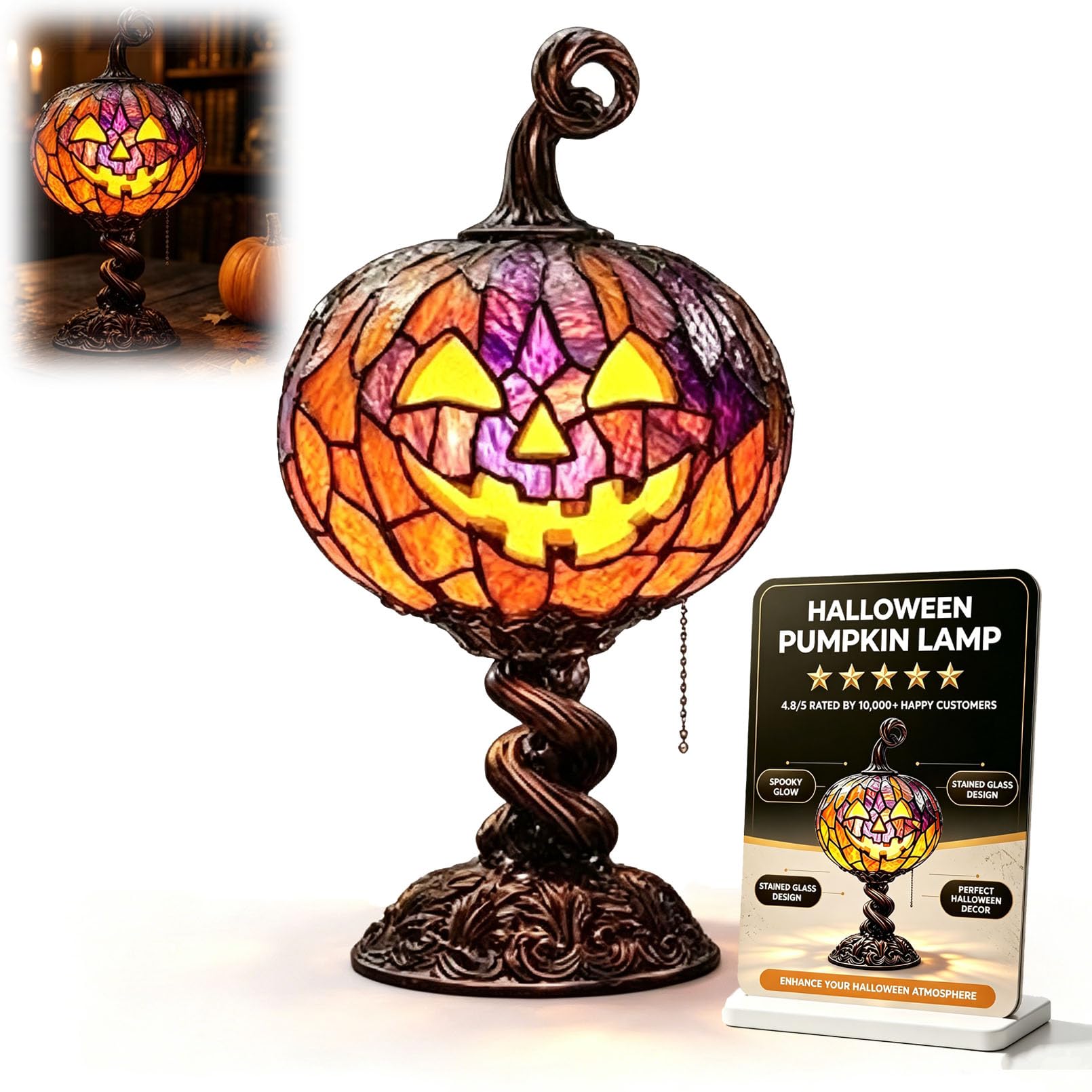 Stained Glass Halloween Pumpkin Table Lamp, Jack-O-Lantern Night Light, USB Powered Witch Hat Accent, Pumpkin Lantern Night Light, Vintage Gothic Desktop Ornament (A)