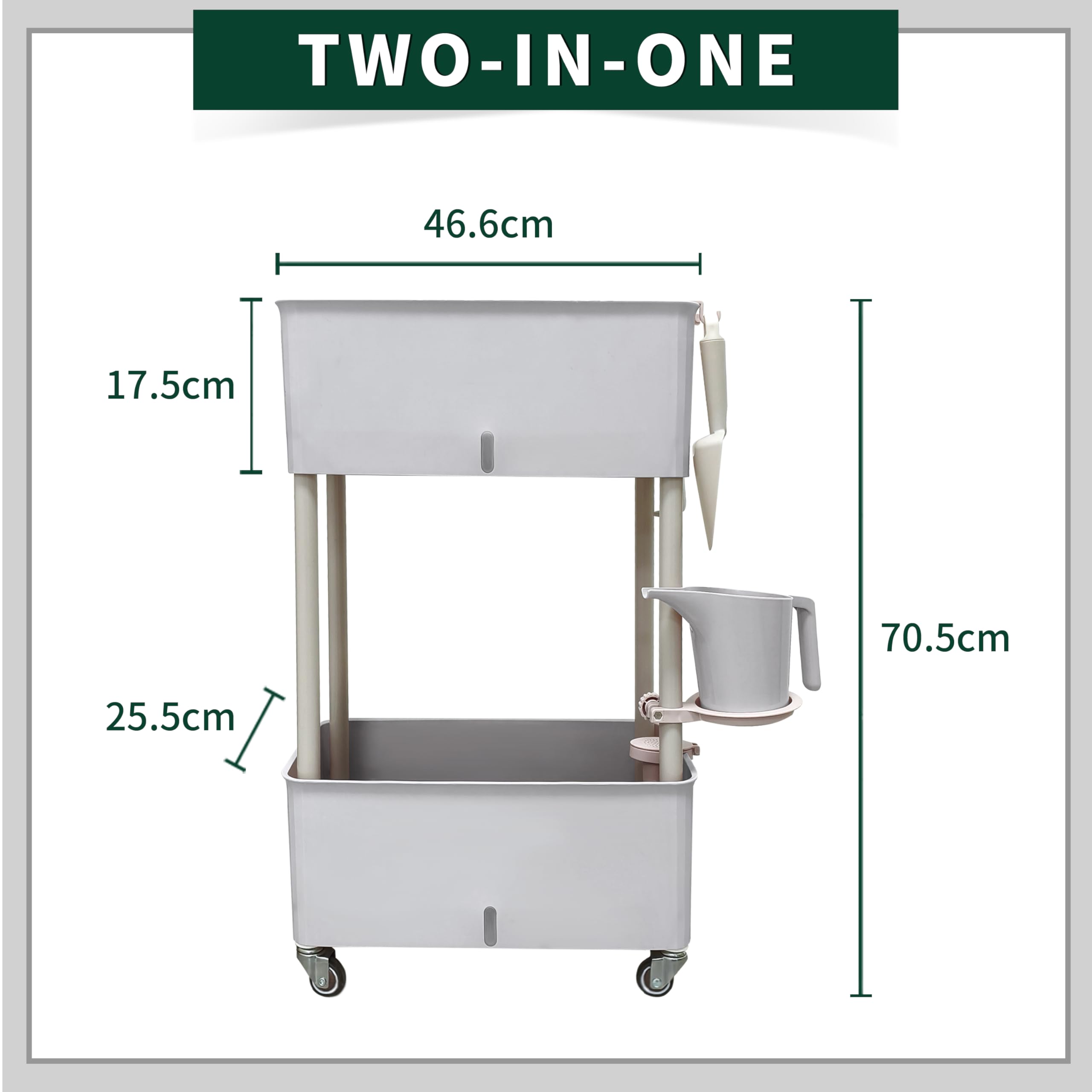 Zweistöckiges Hochbeet mit Rollen & Autobewässerung - Mobiles Kunststoff Hochbeet 46.6x25.5x70.5cm für Balkon & Terrasse - 40L Volumen, 2-Wochen Wassertank, Modulares Stapelsystem