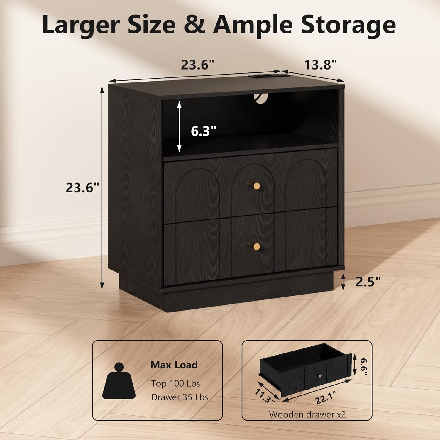 Modern Nightstand with Charging Station,24" Large Night Stand with Arched Design, Mid Century End Table with 2 Storage Drawers, Bedside Tables for Bedroom, Living Room, Sofa Office,Black