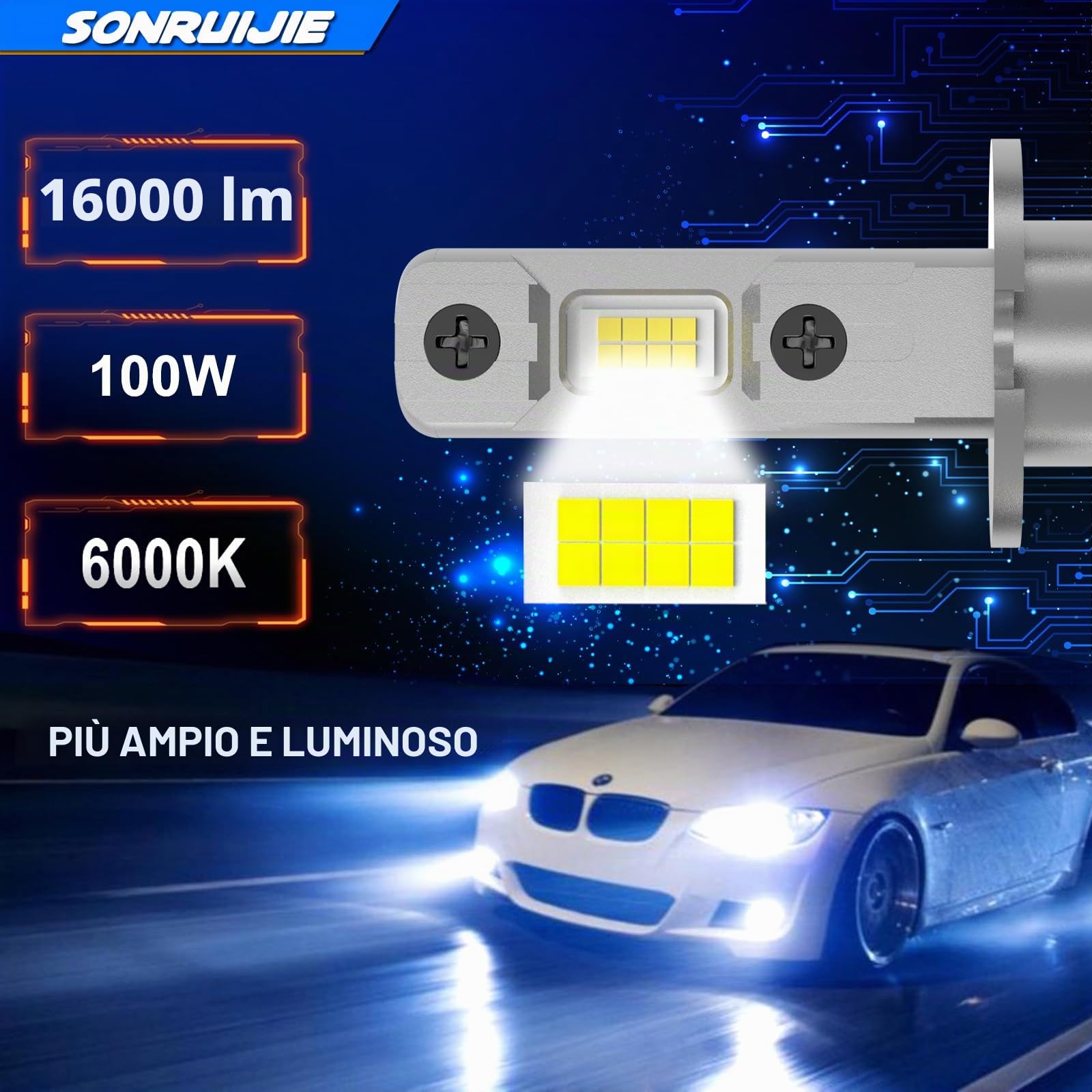 Lampadina H3 LED Canbus,100W 16000LM 6000K 600% Brillante, 1:1 Design di Ricambio Lampada Alogena,Plug and Play, Impermeabile IP68, 2 pezzi