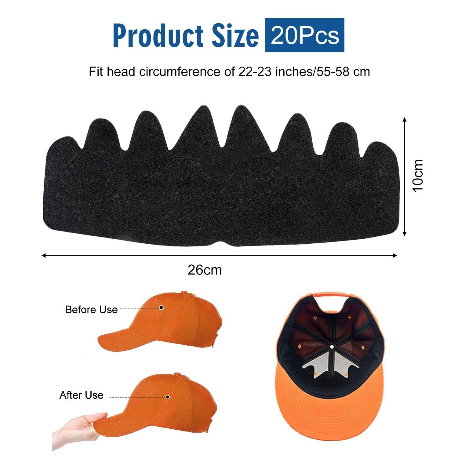 20 sztuk filcowych wkładek na kapelusze, akcesoria ekspozycyjne czapki, uchwyty na czapki, wkładki do czapek baseballowych, modelarze kapeluszy, czarne, M