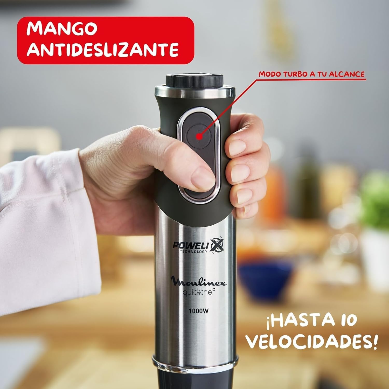 Moulinex QuickChef, Batidora de Mano de 1000 W, 10 velocidades variables y función turbo, Protector antisalpicaduras, Incluye picador de 500 ml y vaso medidor de 800 ml, Negra, DD6578