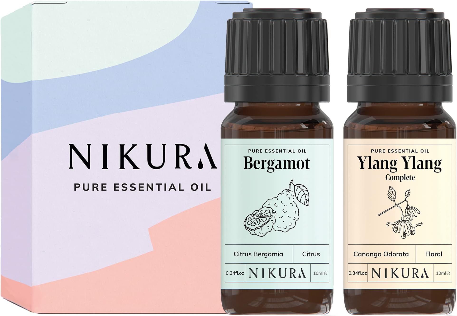 nikuraBergamot & Ylang Ylang Essential Oil Aromatherapy Set | For Hair, Diffuser, Skin, Massage, Sleep | Stress Relief, Candle & Soap Making | 2 x 10ml | 100% Pure, Natural, Vegan & UK Made