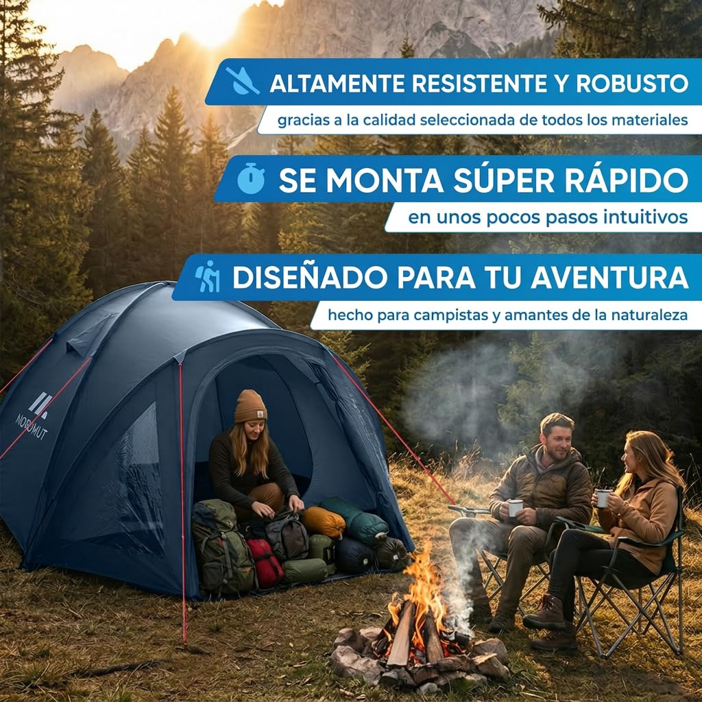 NORDMUT® Tienda de Camping 4 Personas Impermeable & Ligera – Tienda Cúpula con Vestíbulo Cerrable – Tienda 2-4 Personas con Excelente Circulación de Aire & Tamaño Compacto