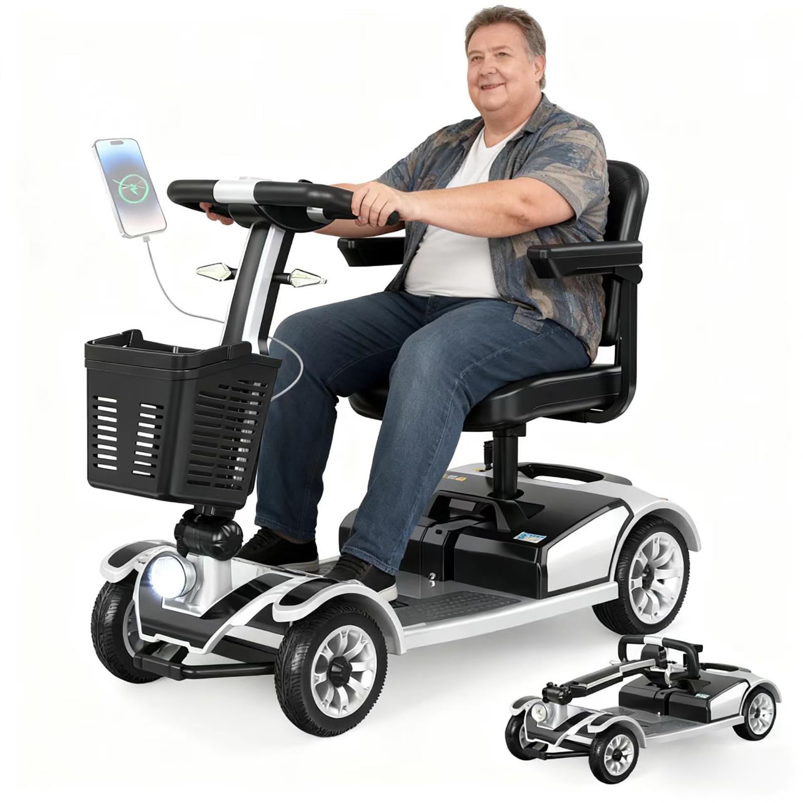 Scooter de movilidad plegable, silla de ruedas eléctrica plegable de 4 ruedas para adultos y personas mayores, con batería de largo alcance, cesta y luz para coche