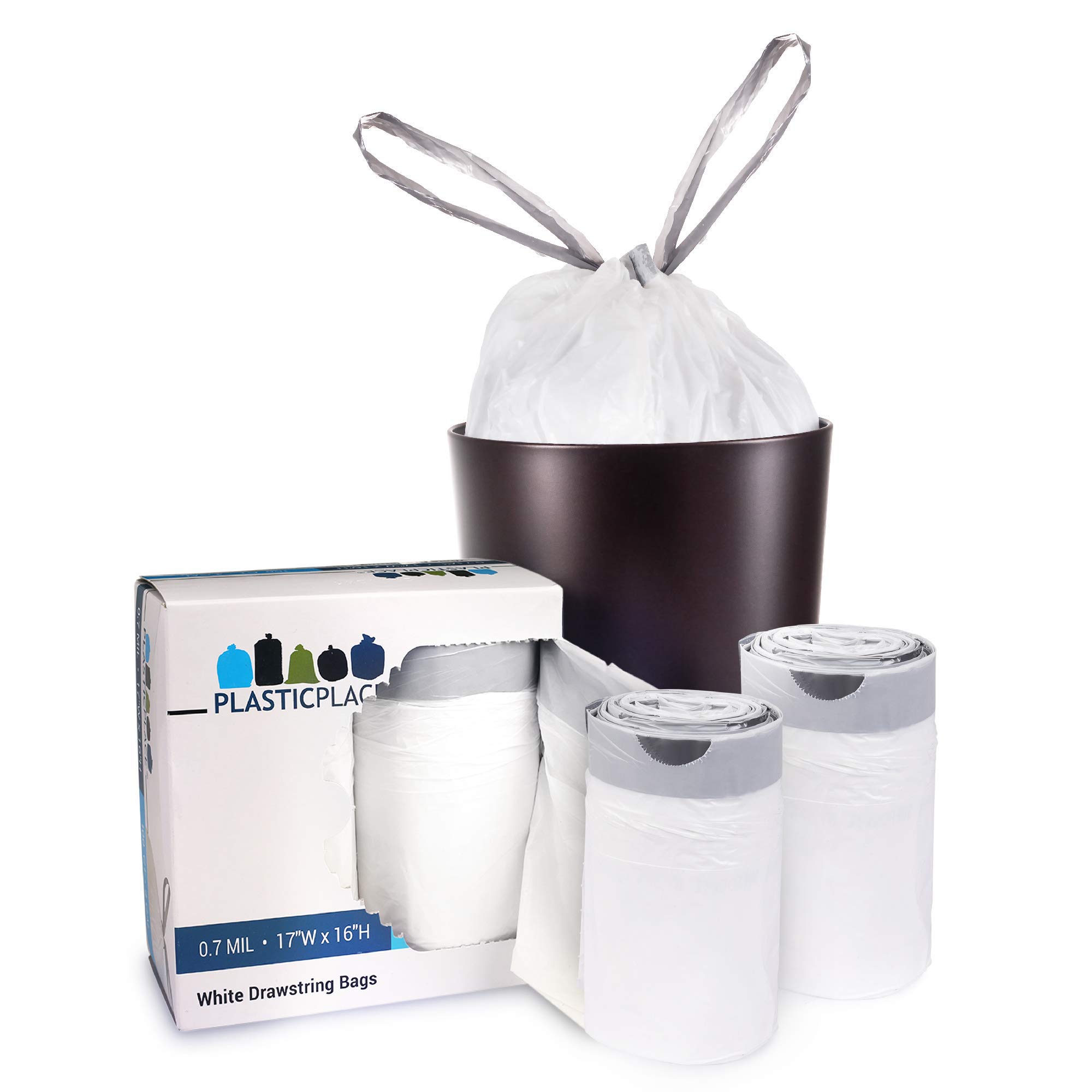 Plasticplace 4 Gallon Trash Bags │ 0.7 Mil │ Drawstring White Garbage Can Liners │ 17" x 16" (100 Count)