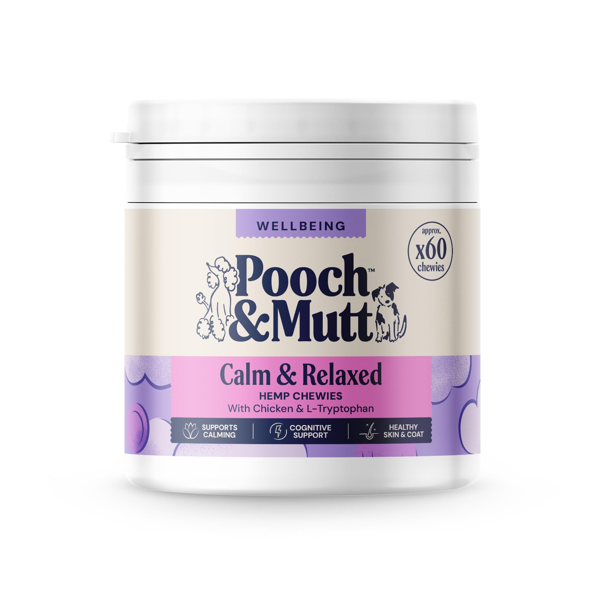 Pooch & Mutt - Hemp Chewies Calming Treats, Supplement for Anxious or Excitable Dogs, 60 Chewies (80g) (packaging may vary)