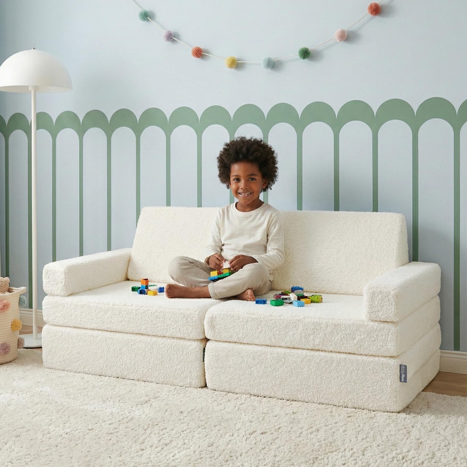 KiddyMoon Canapé Enfant en Mousse Et Housse Teddy, Modulaire Et Pliable, pour Jouer, Lire Et Se Détendre, Crème