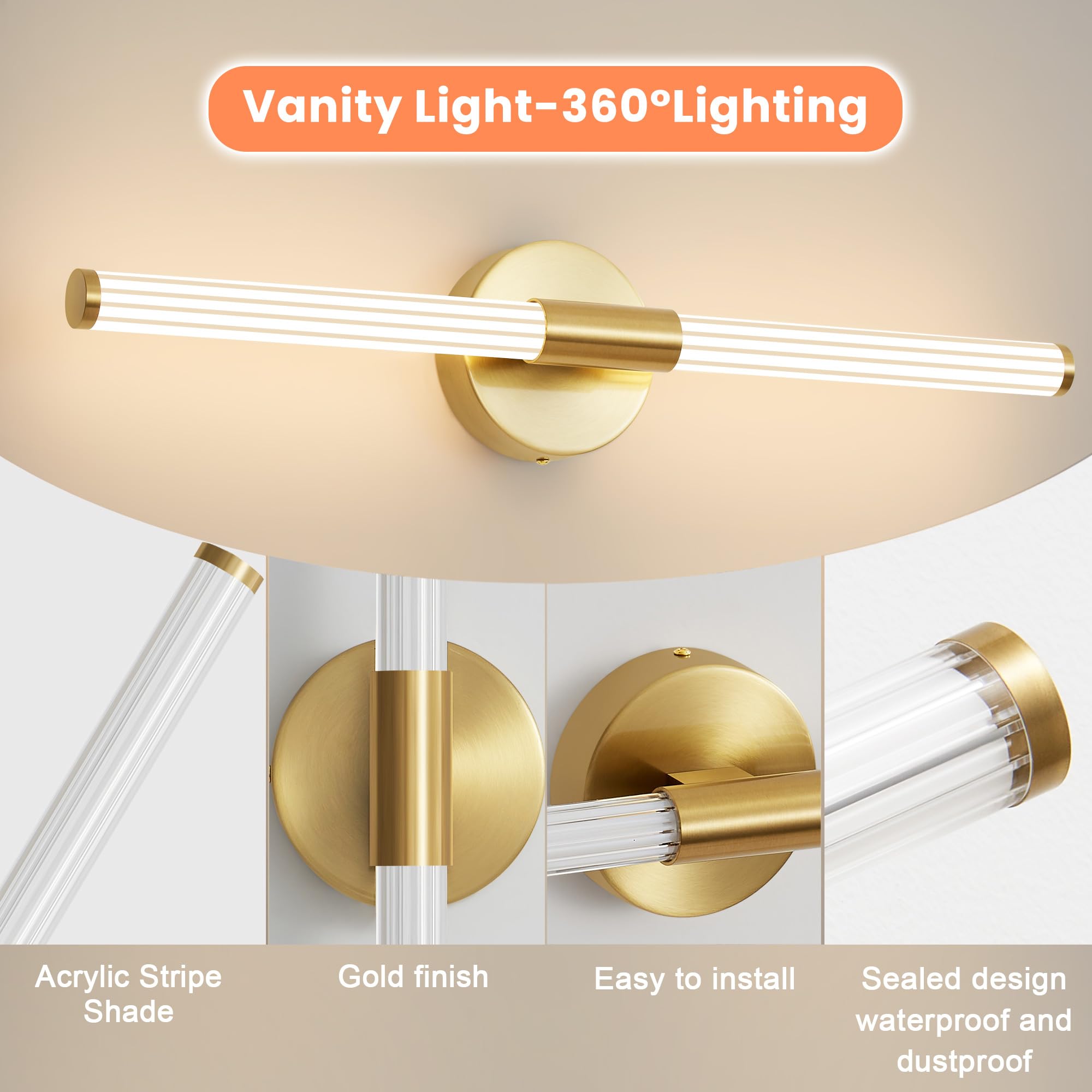 Actask Wall Lights Gold LED Wall Sconce Light 360° Full Lighting 57CM 3CCT 8W 800Lumen Wall Lamp for Bathroom Bedroom Living Room Dining Room - Image 4
