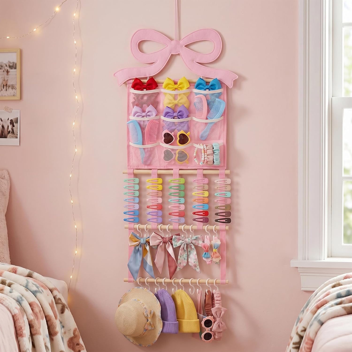 Bow Organizer for Girls - Pink Bow Holder for Girls Hair Bows, Hair Clip Organizer Headband Storage Hanger Girl Headband Display Wall Mounted Accessories for Nursery Bedroom Girl Room