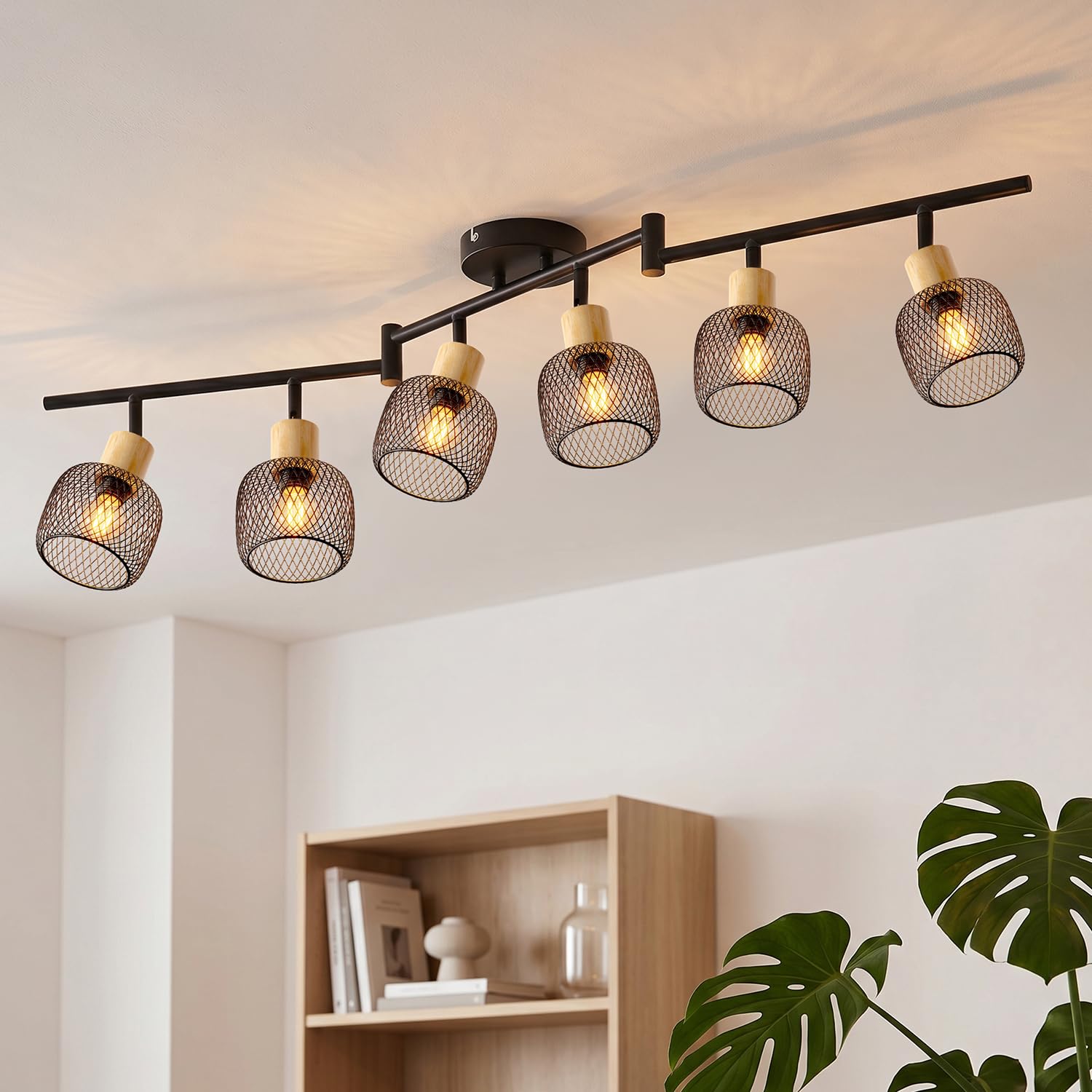 ANWIO Deckenstrahler 6 Flammig Schwarz – Deckenleuchte Industrial Holzdetails & Apfel-Drahtkorb – Lange Schwenkbare Lampe E14 für großes Wohnzimmer & Esszimmer (Ohne Leuchtmittel)